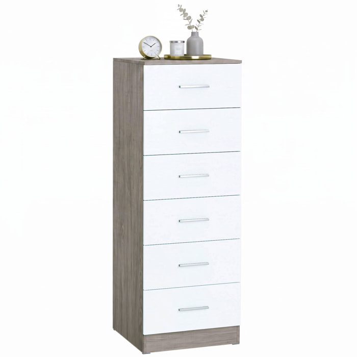 Cómoda de 6 Cajones, Cajonera para Dormitorio Alta y Estrecha, Sinfonier para Salón, Vestidor, Entrada, 40x40x110 cm, Gris Claro y Blanco