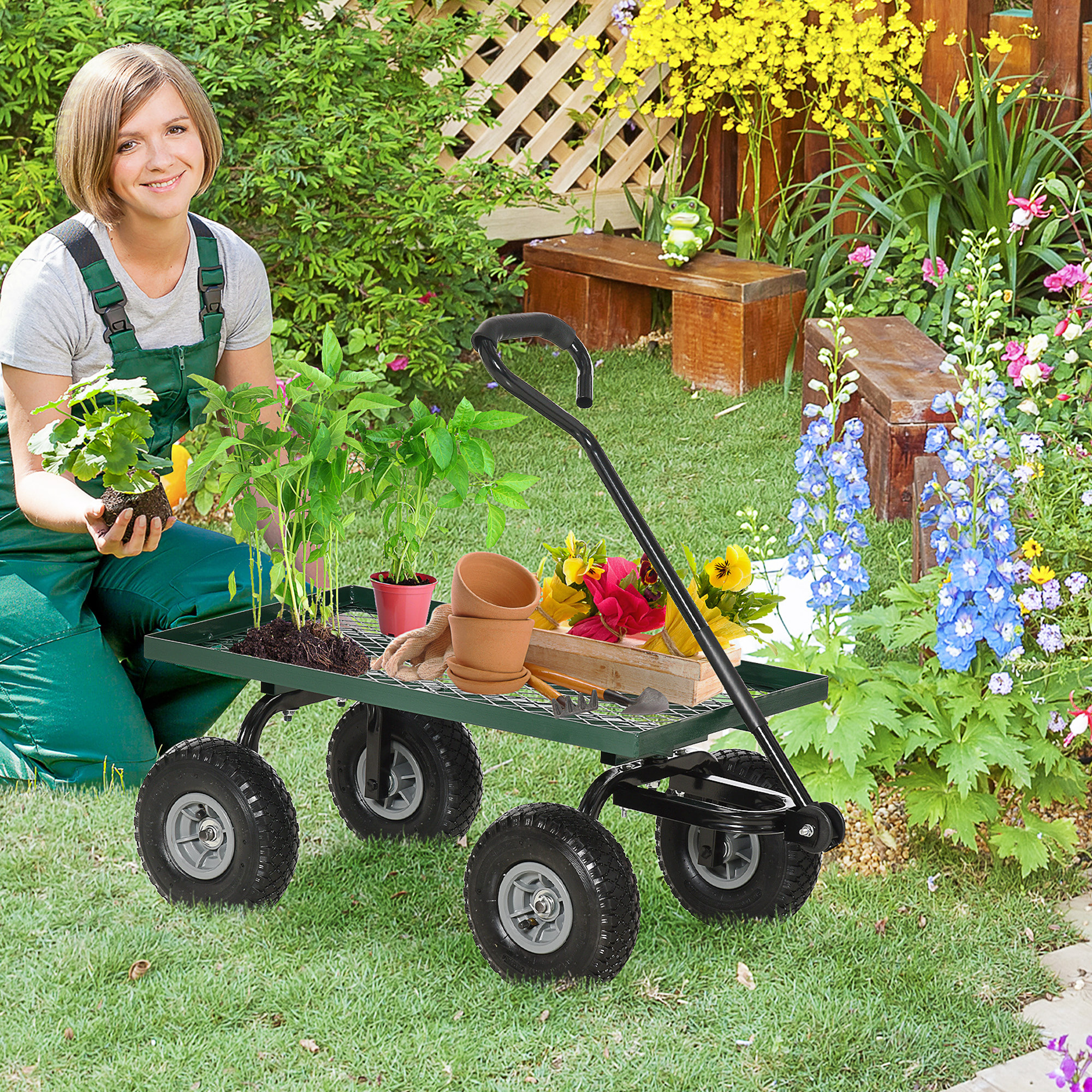 Carro de Jardín con Ruedas Grandes Carretilla de Mano con Mango Revestido y Estructura de Acero Carga 150 kg Carro de Transporte para Camping Exterior Negro y Verde