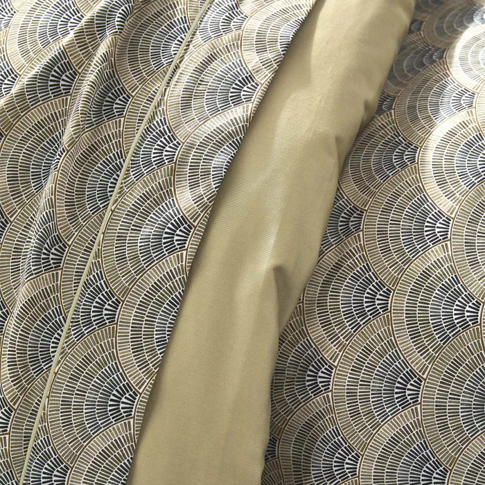 Drap plat satin de coton imprimé beige Eventails argile