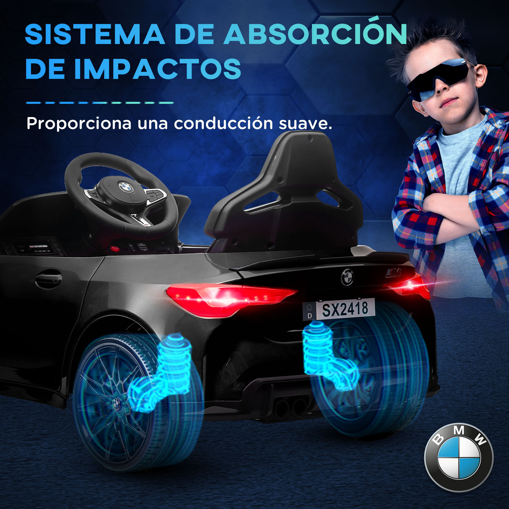 Coche Eléctrico para Niños BMW M4 Coche de Batería para Niños 12V con Mando a Distancia Faros Bocina Música Velocidad 3-5 km/h Cinturón de Seguridad Negro