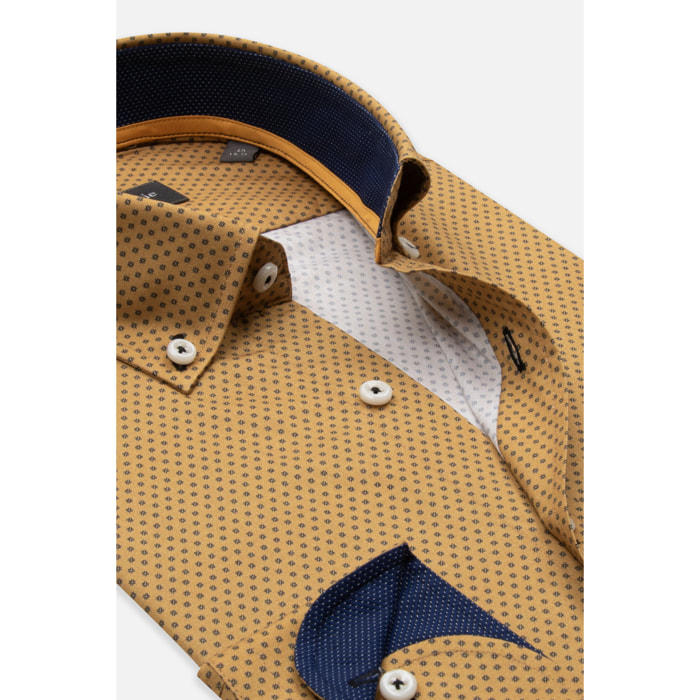 camicia uomo 1 bottone button down slim Cotone Stampato Fantasia Senape e Grigio Scuro
