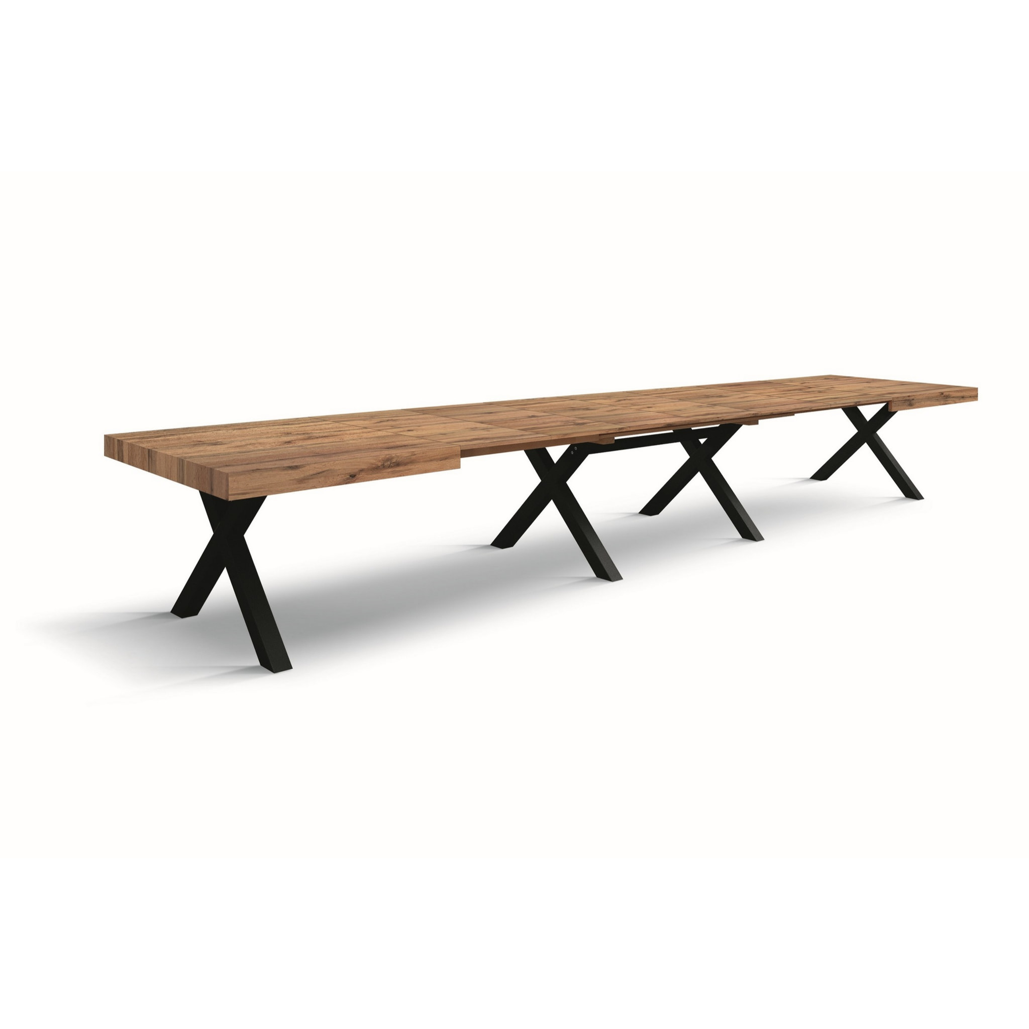 Tavolo GALLIPOLI in legno nobilitato effetto rovere rustico con gambe a X in legno antracite, allungabile 180x90 cm - 480x90 cm