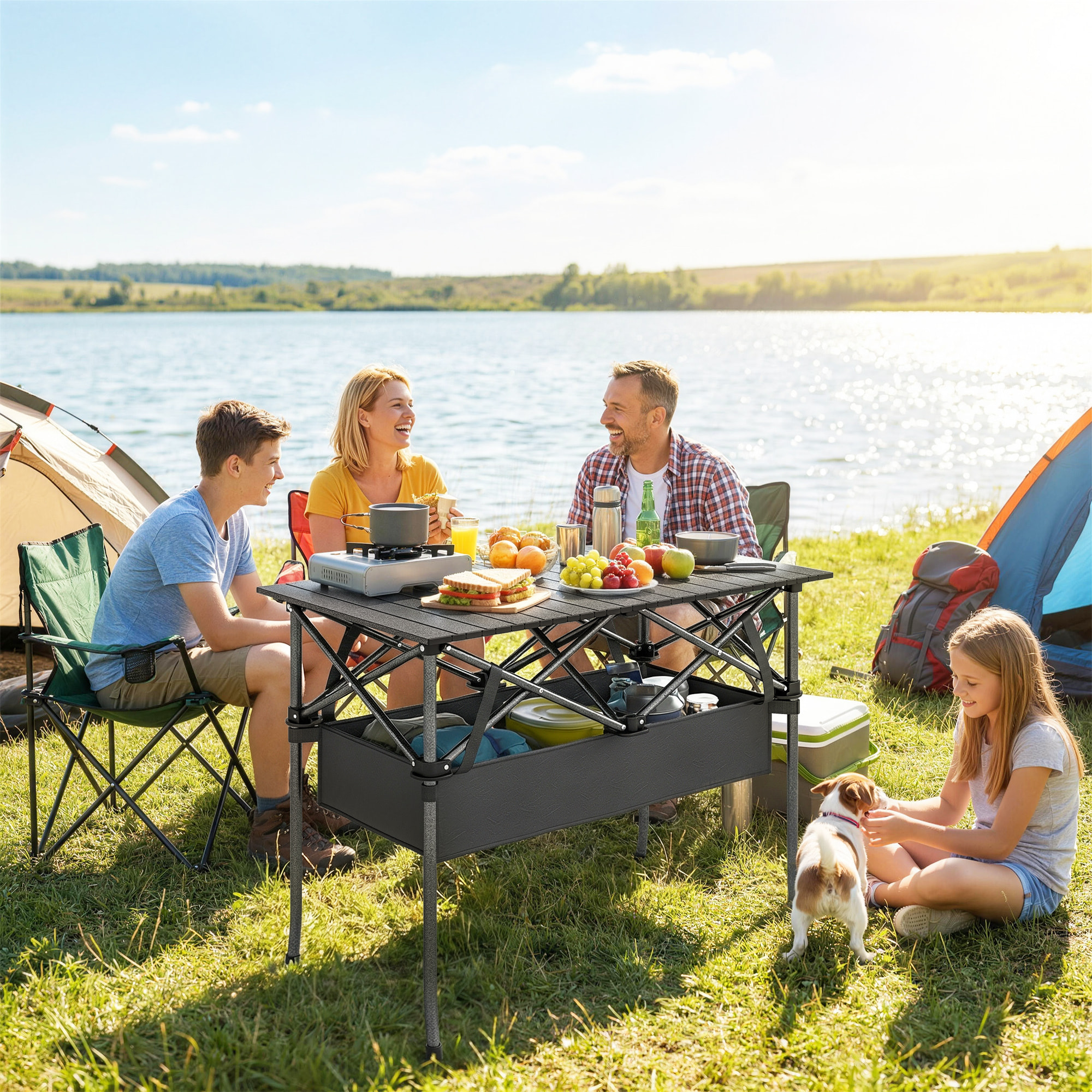 Mesa Plegable Camping, 93x55x68 cm, Mesa Plegable Portátil con Red de Almacenamiento, Encimera Enrollable de Aluminio, Marco Metálico, Bolsa de Transporte, para Acampar, Senderismo, Negro
