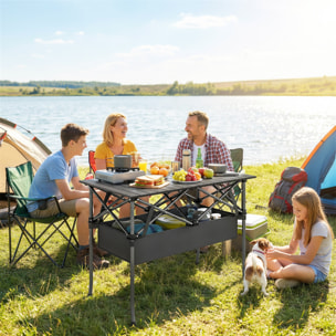 Mesa Plegable Camping, 93x55x68 cm, Mesa Plegable Portátil con Red de Almacenamiento, Encimera Enrollable de Aluminio, Marco Metálico, Bolsa de Transporte, para Acampar, Senderismo, Negro
