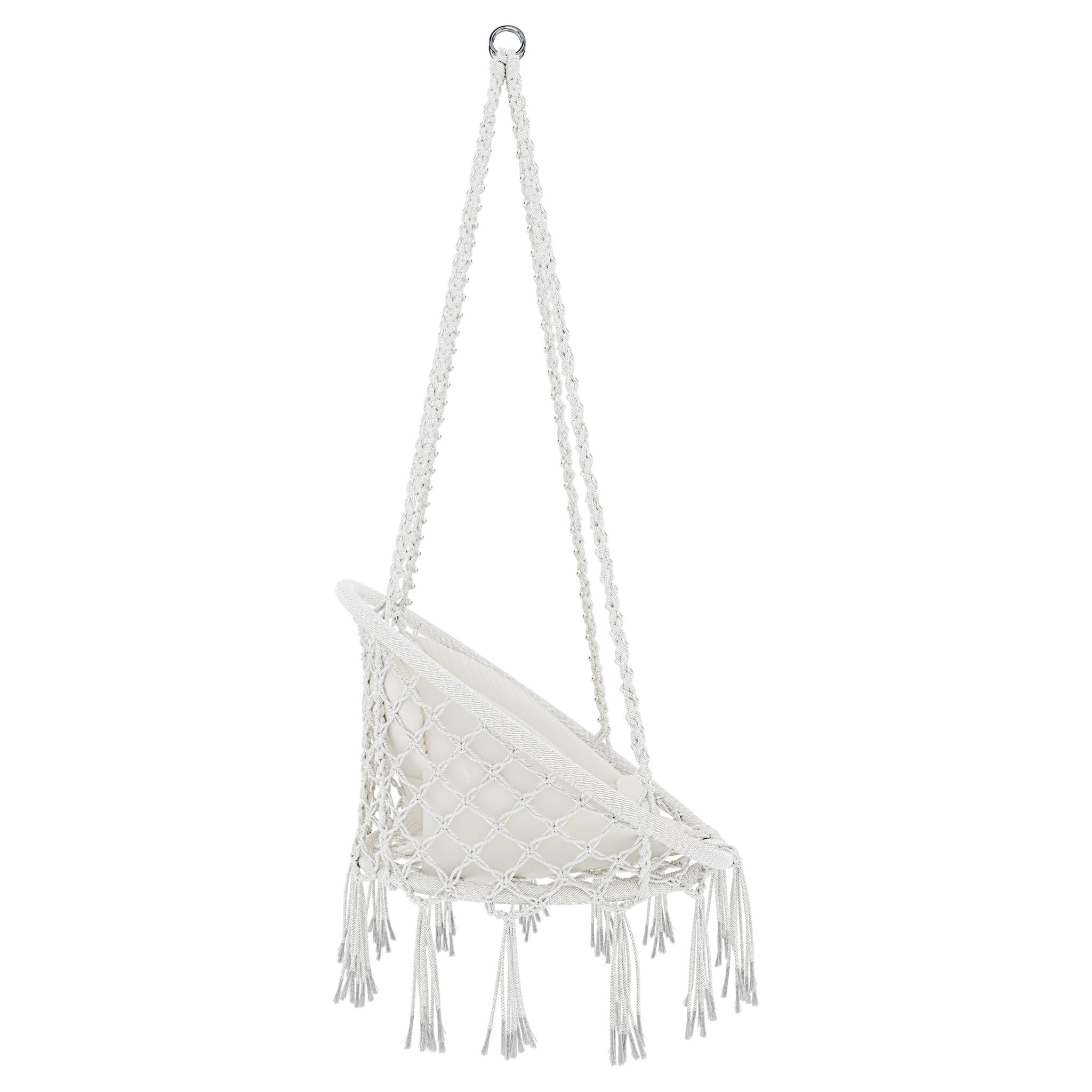 Poltrona Sospesa Pensile Da Giardino Corda In Cotone Effetto Macramè Struttura In Acciaio Cuscino Sedia Dondolo Seduta Imbottita Fino A 160 Kg Beige