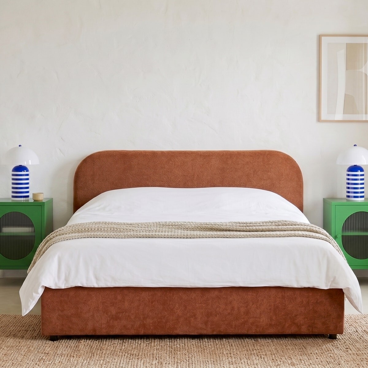 Lit coffre adulte avec tête de lit en tissu chenille - CASSIS