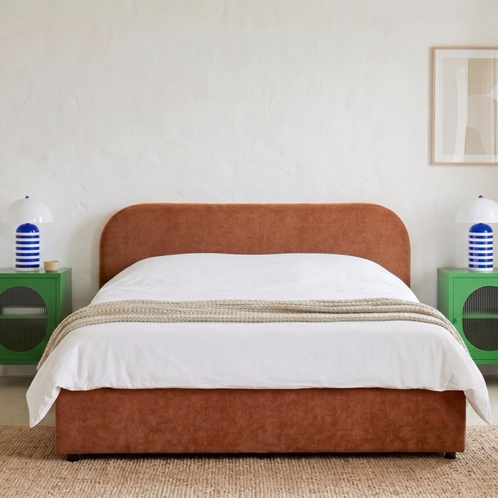 Lit coffre adulte avec tête de lit en tissu chenille - CASSIS