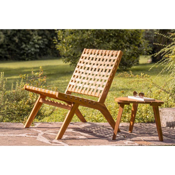 Fauteuil lounge en bois massif et sangles beiges LUCEA