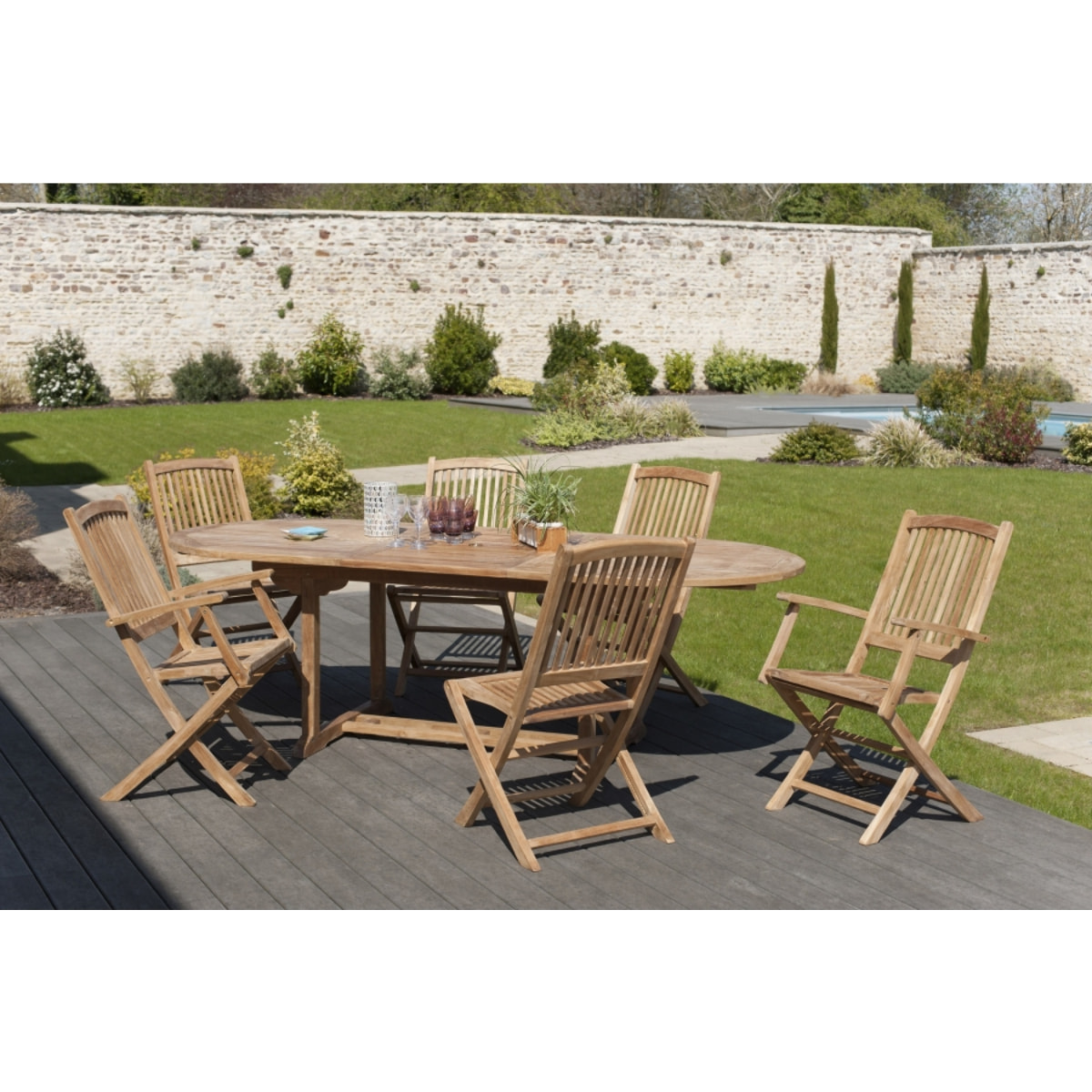 HARRIS - SALON DE JARDIN EN BOIS TECK 8/10 pers - 1 Table ovale extensible 180*240/100 cm 4 chaises et 2 fauteuils