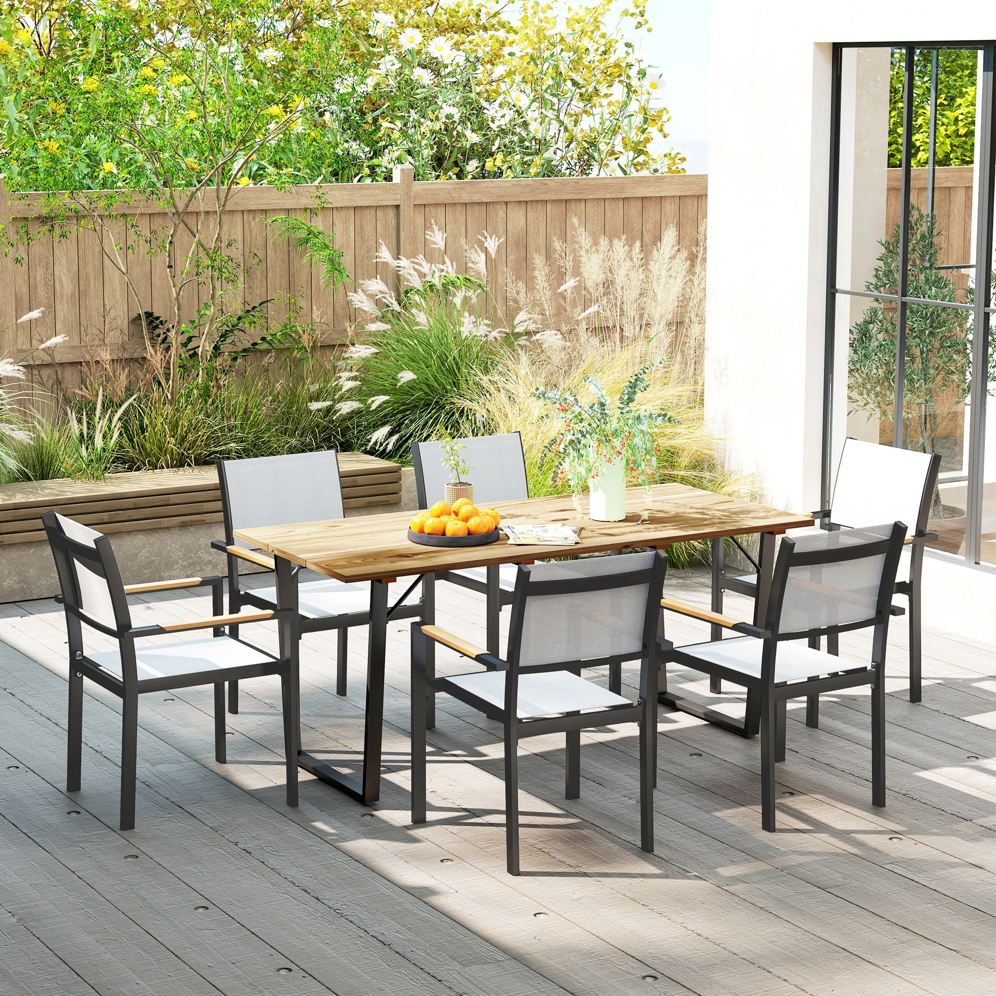 Mesa Comedor de Jardín de Madera Rectangular Mesa de Terraza Exterior 175x80x75 cm con Orificio para Sombrilla Estructura de Acero y Encimera de Listones para Patio Balcón Natural