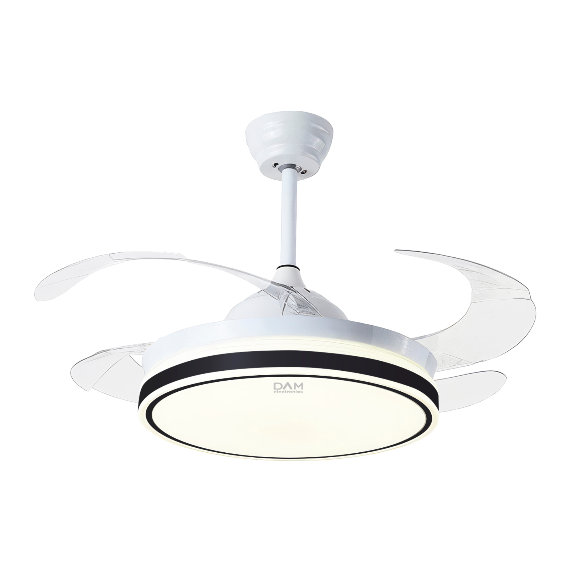 Ventilatore da soffitto L433 da 107 cm, pale retrattili, motore DC da 30 W, luce LED dimmerabile da 60 W, 6 velocità, modalità estate/inverno. Telecomando incluso.