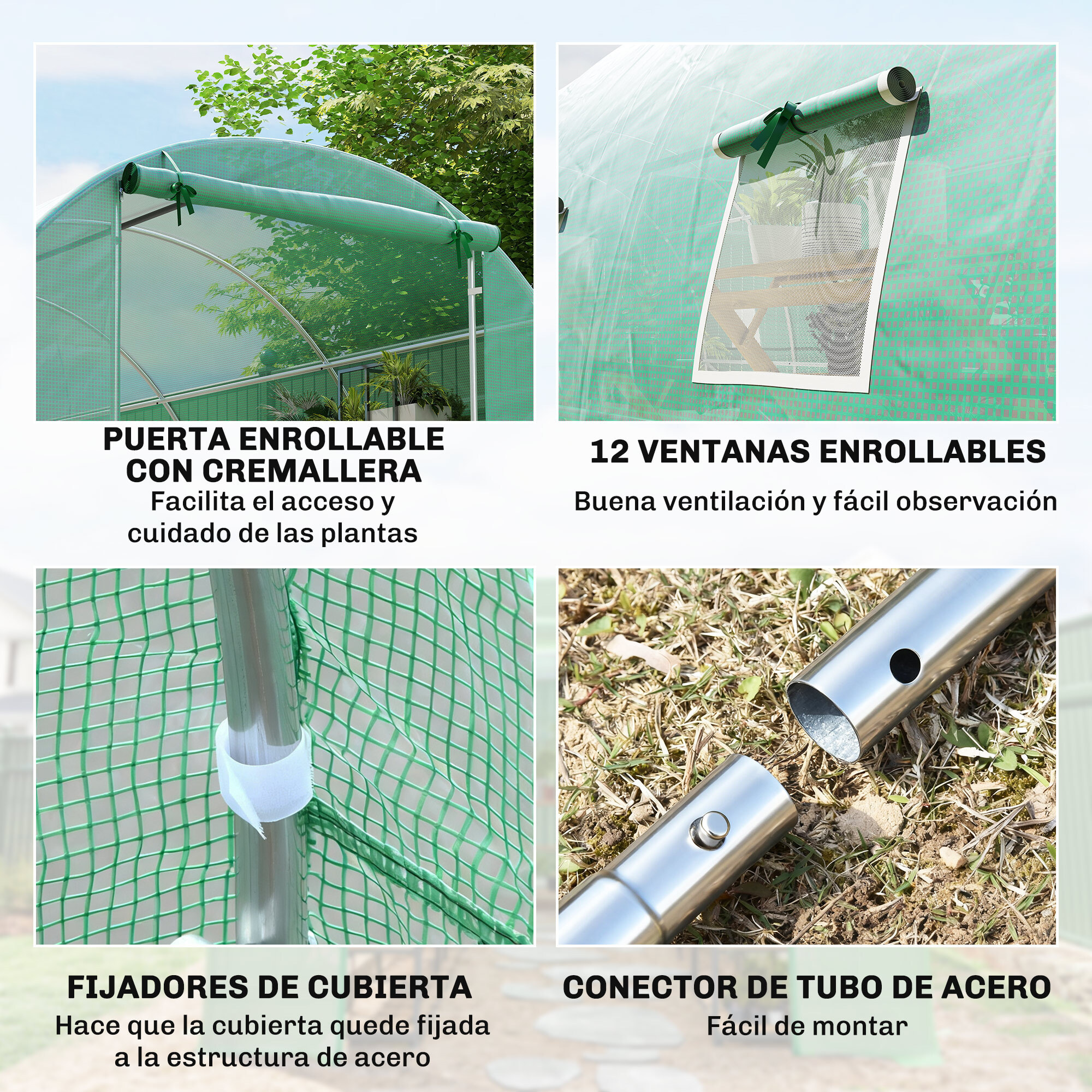 Invernadero de Exterior Invernadero de Túnel 8x3x2 m Invernadero de Jardín con 12 Ventanas y Puerta Enrollable para Cultivo Plantas Tomates Verduras Acero y PE 140 g/m² Verde