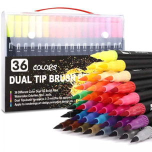 Set 36 Rotuladores BLACK LINEcolor doble punta, punta fina 0,4 mms y punta pincel acuarelable profesional. Forma redonda ergonómica para lettering, caligrafía, ilustraciones…