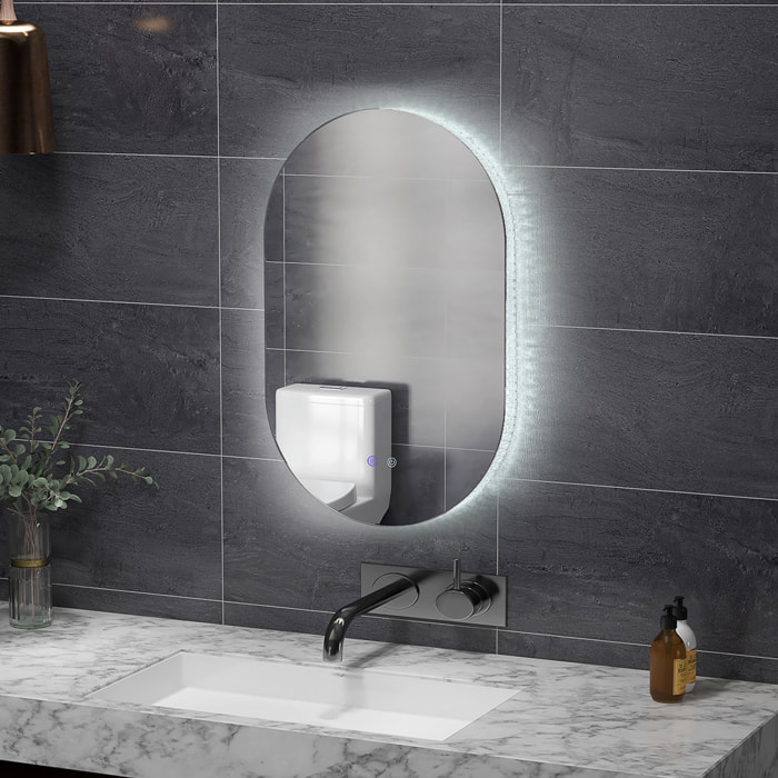 Miroir ovale LED de salle de bain - dim. 91H x 61l cm - 3 couleurs, réglable, tactile, antibué - décor acrylique transparent