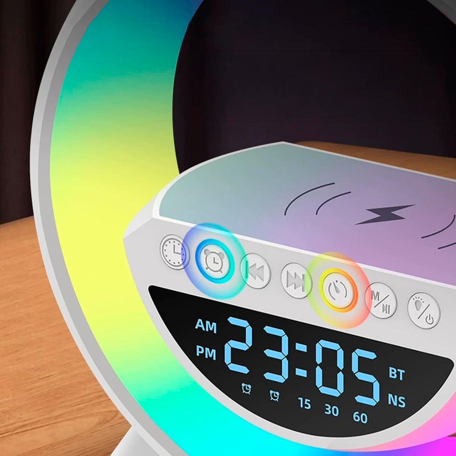 Altoparlante con caricatore wireless da 15W, 13 modalità diverse di illuminazione LED, funzione radio, ingressi per scheda TF e USB.