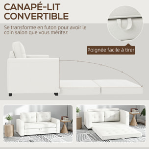 Canapé convertible 2 places design contemporain assise dossier capitonnés polyester aspect lin blanc cassé