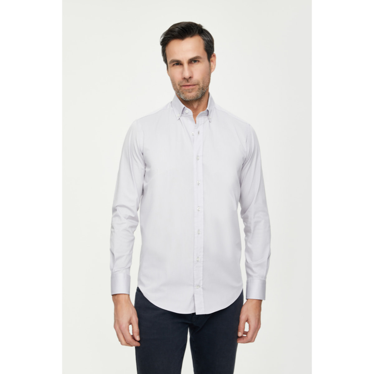 Camicia Uomo 1 Bottone Button Down Slim Popeline Stretch Unito Grigio