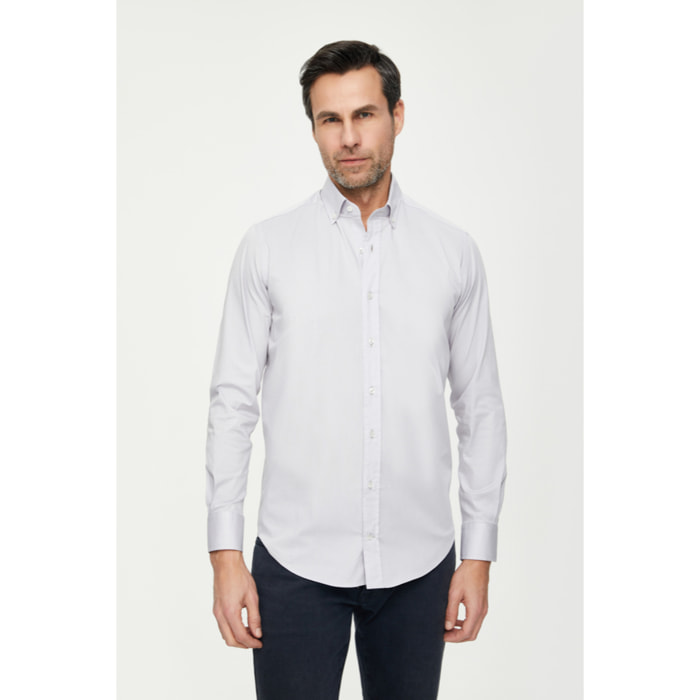 Camicia Uomo 1 Bottone Button Down Slim Popeline Stretch Unito Grigio
