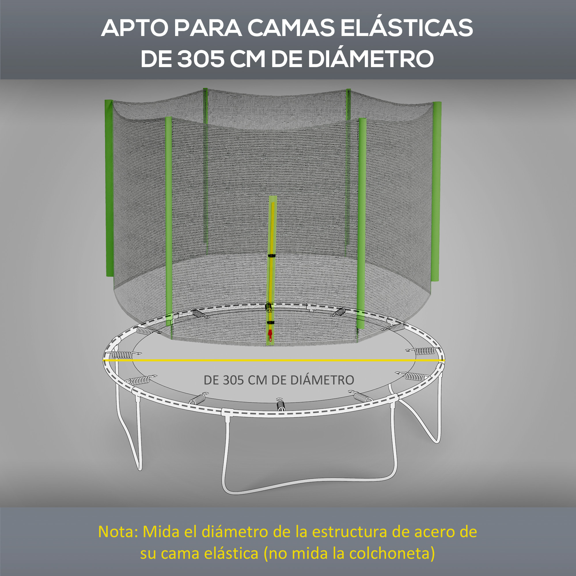 Red de Seguridad para Cama Elástica Ø305 cm Red de Trampolín Redondo para Exterior Protectora para Cama Elástica de 6 Postes Rectos Verde