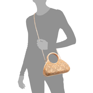 Avisio borsa a mano realizzata in legno naturale, cotone e juta con design a rete di tessuto floreale