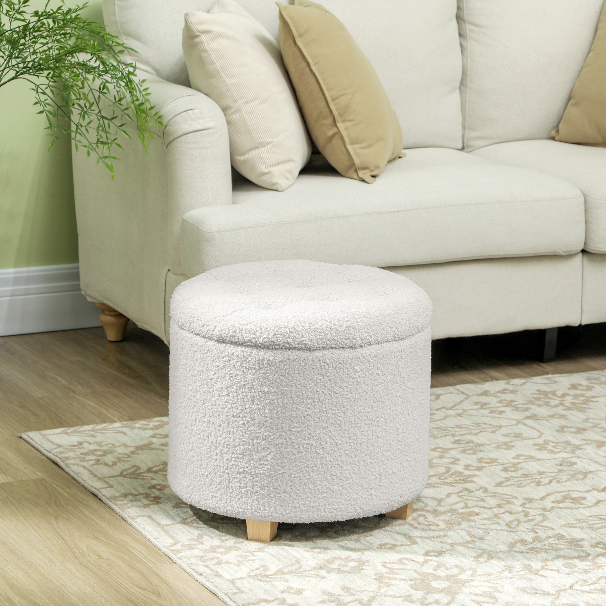 Pouf coffre rangement en tissu bouclette, charge 120 Kg, Ø 45 x 41 cm, blanc