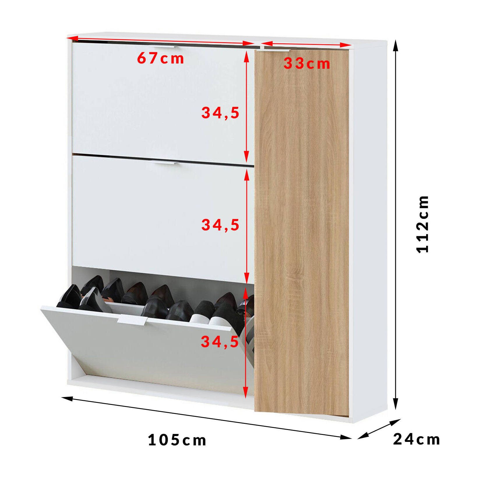 Scarpiera Valparaiso, Portascarpe salvaspazio a 4 ante, Scarpiera da ingresso , Armadio scarpiera, 105x24h112 cm, Rovere e Bianco lucido