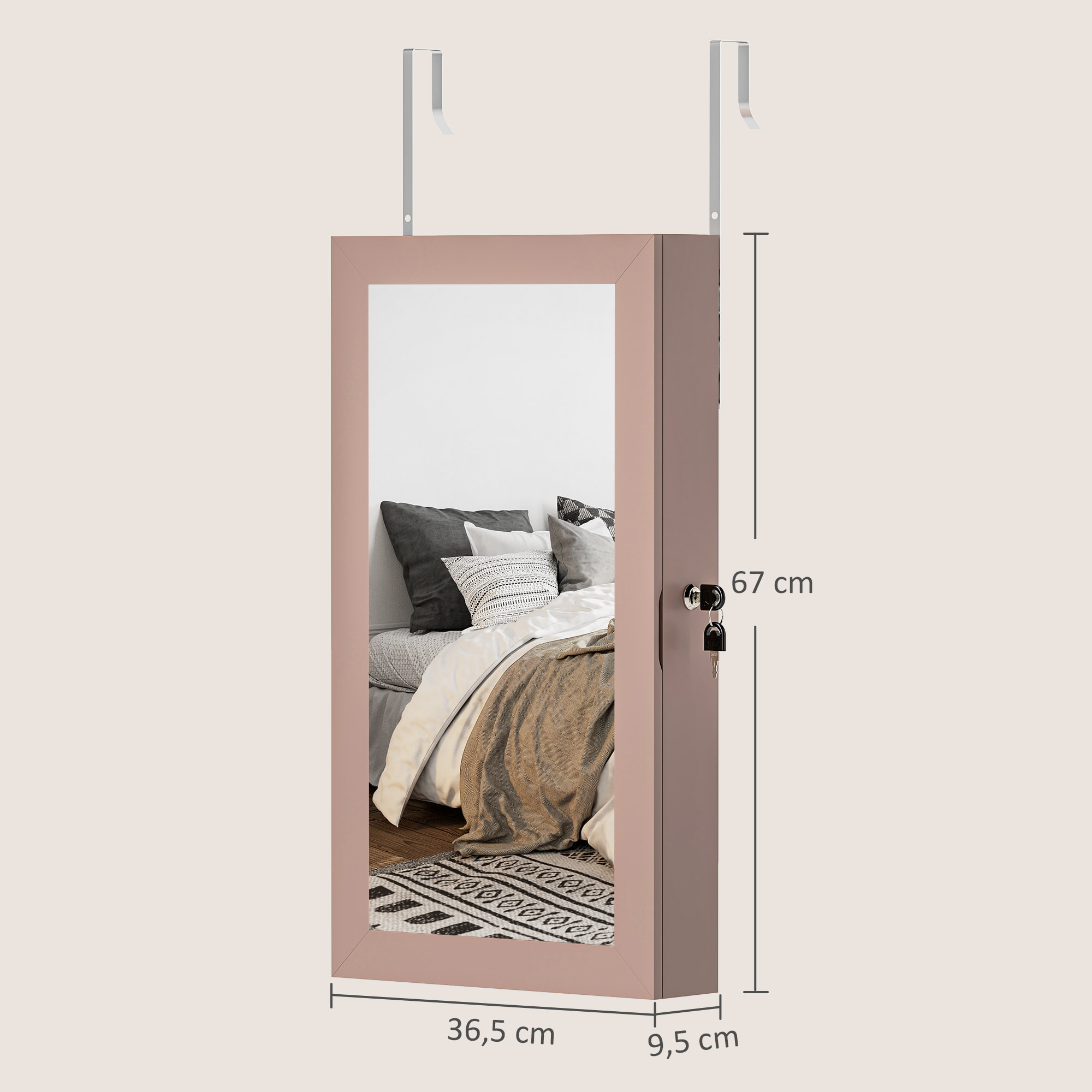 Espejo Joyero de Pared Armario para Joyas con Cerradura y Varios Compartimentos Montar en Pared o Puerta para Pendiente Collar Anillo Pulsera Rosa y Forro Beige