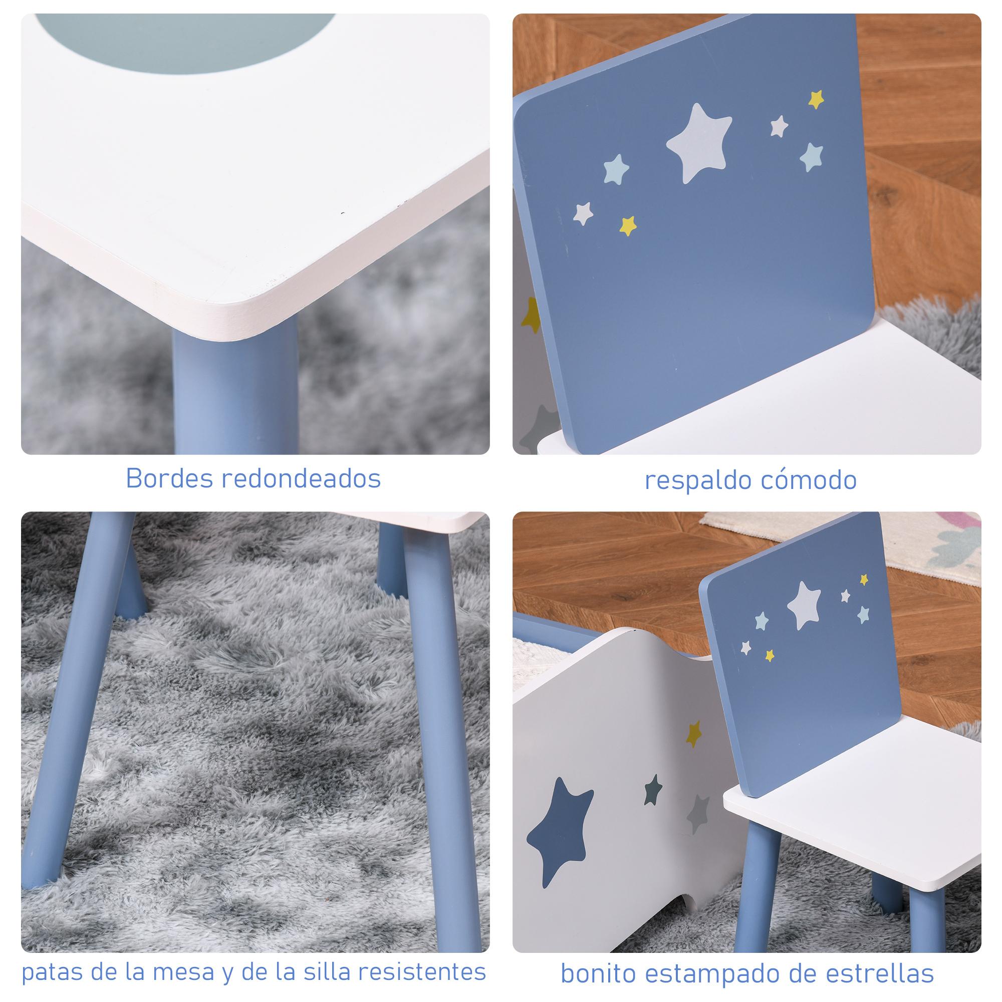 Juego de Mesa Infantil y 2 Sillas de Madera Mesa con Sillas para Niños de 2-4 Años Mesa 60x40x43 cm y Sillas 28x26x48 cm para Dormitorio Sala Blanco y Azul