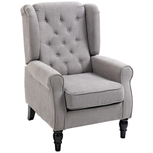 Fauteuil à oreilles style Chesterfield dossier capitonné grand confort bois noir tissu gris clair