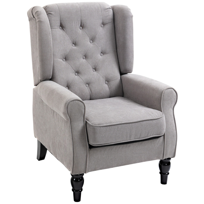 Fauteuil à oreilles style Chesterfield dossier capitonné grand confort bois noir tissu gris clair