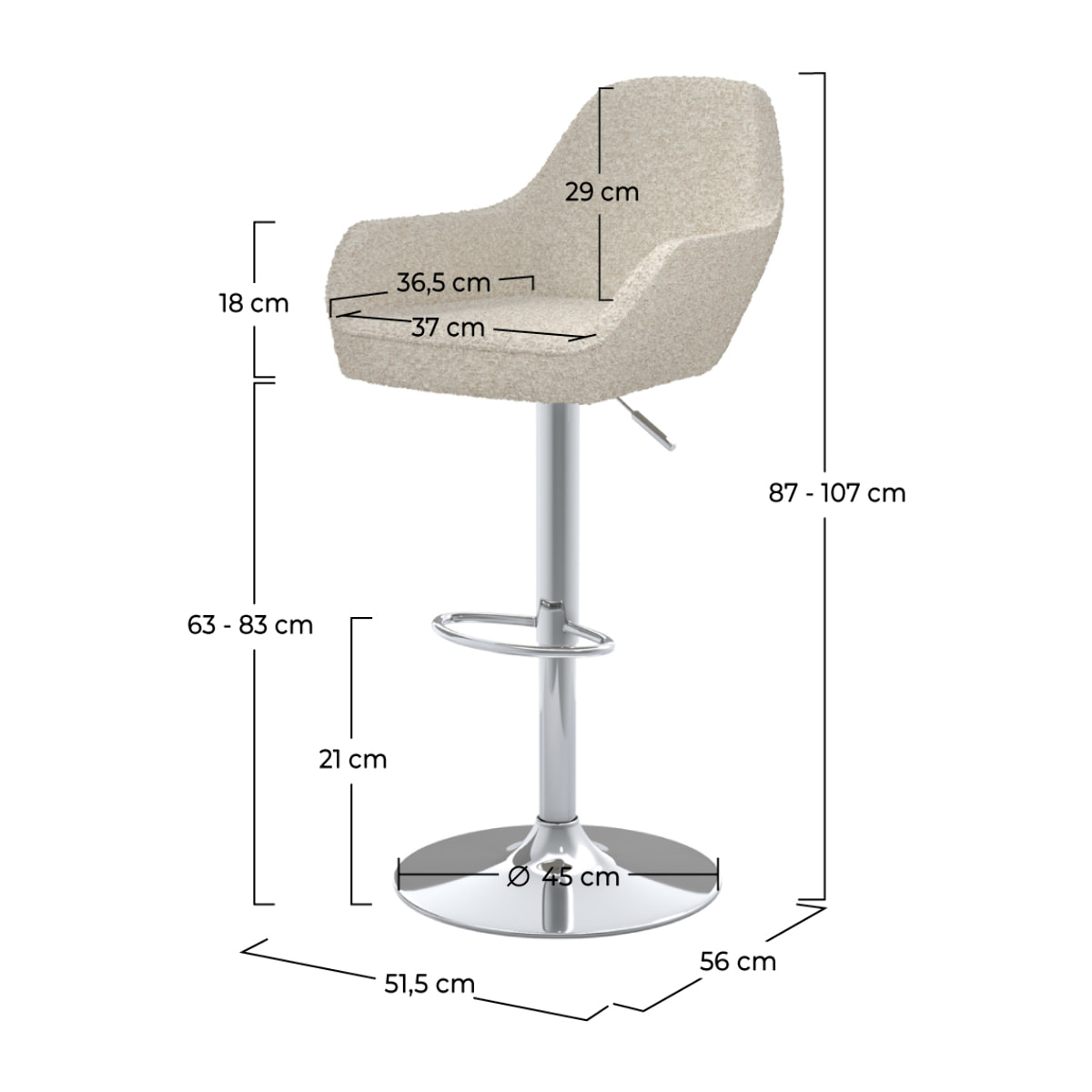 Chaise de bar Adam effet laine bouclette blanc cassé 63/83 cm (lot de 2)