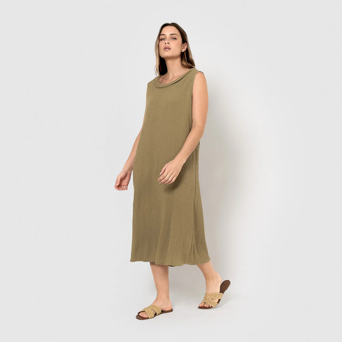 Vestido midi cuello drapeado algodón lino verde cacería