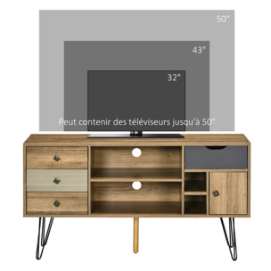 Meuble TV banc TV design industriel graphique - 4 tiroirs, 4 niches, porte - piètement épingle métal noir aspect bois