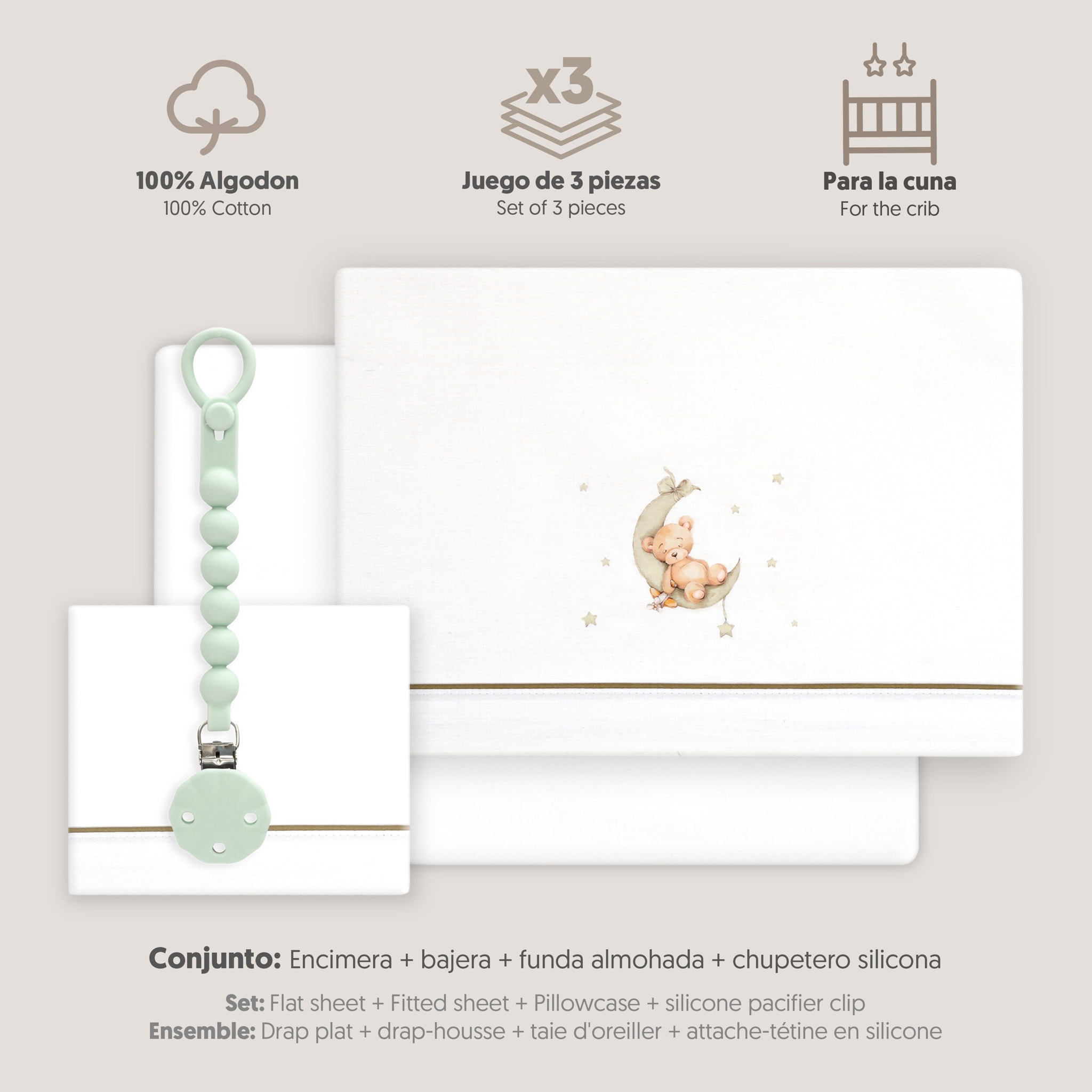 Triptico Cuna Estampado Oso Luna Estrellas + Broche Bco/Verde