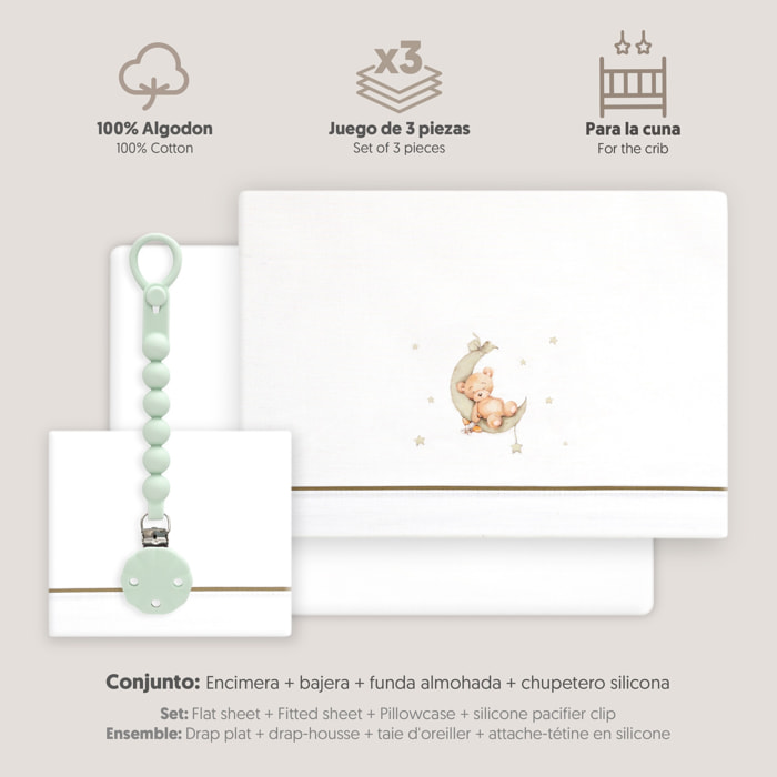 Triptico Cuna Estampado Oso Luna Estrellas + Broche Bco/Verde