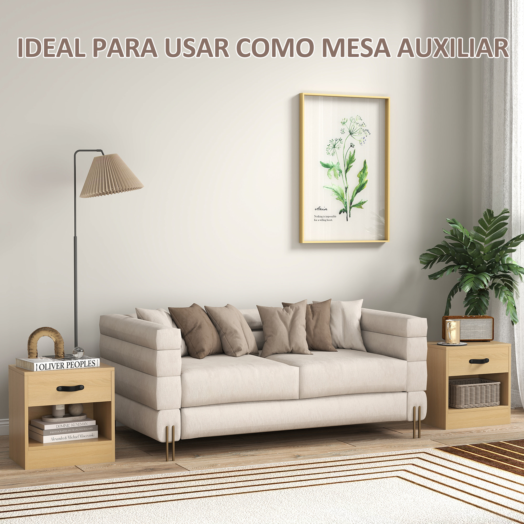 Pack de 2 Mesitas de Noche Mesillas de Noche Dormitorio Estrechas con Cajón y Compartimento Abierto para Salón 39x28x41 cm Natural