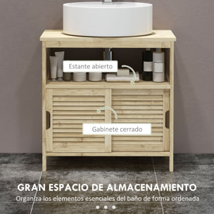 Mueble Bajo Lavabo de Bambú, Armario Debajo de Lavabo con Puertas Correderas de Lamas, Compartimento Abierto, Estilo Moderno, 60x30x60 cm, Natural