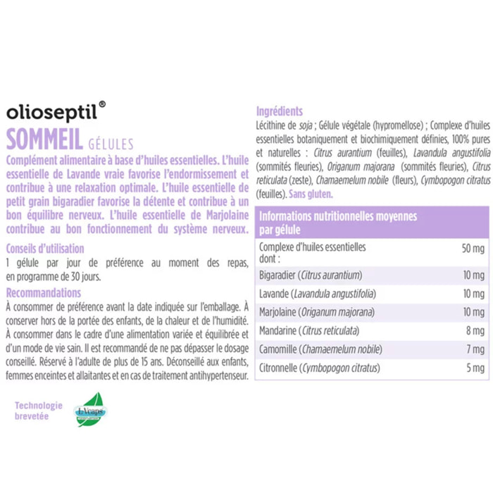 OLIOSEPTIL - Gélules Sommeil - Aide à l'endormissement - Contribue à un sommeil réparateur - Participe à la détente et la relaxation - Aux Huiles Essentielles - Sans Gluten - Lot de 3 produits