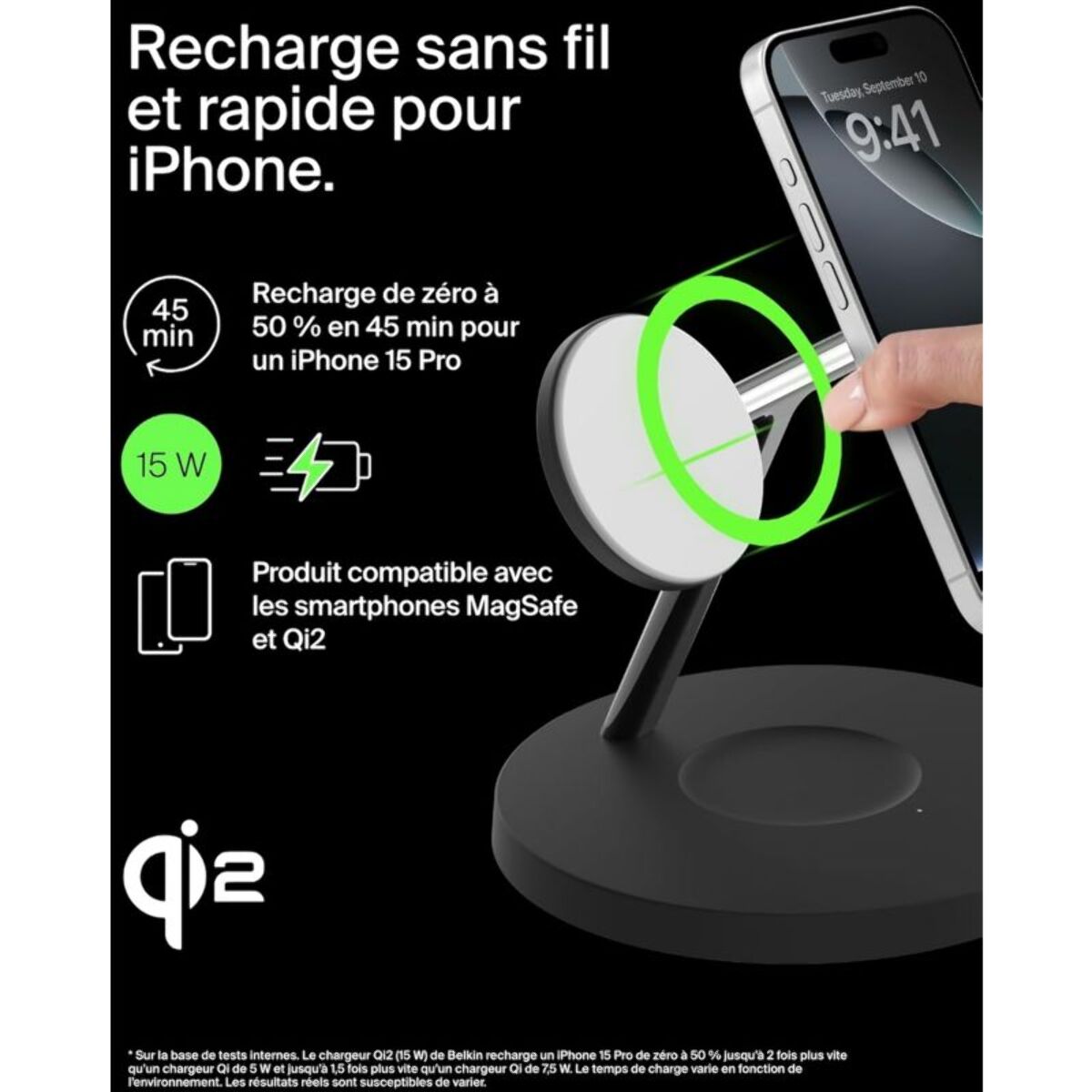 Chargeur induction BELKIN 15W Boost Charge Pro 3en1 Qi2 Noir