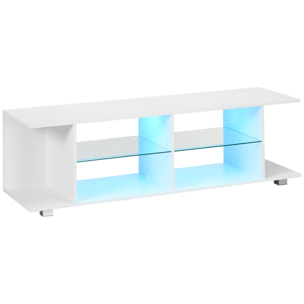 Meuble banc TV sur pieds avec lumières LED - 2 étagères en verre trempé pour télévision jusqu'à 60 pouces style contemporain - 145 x 40 x 45 cm blanc