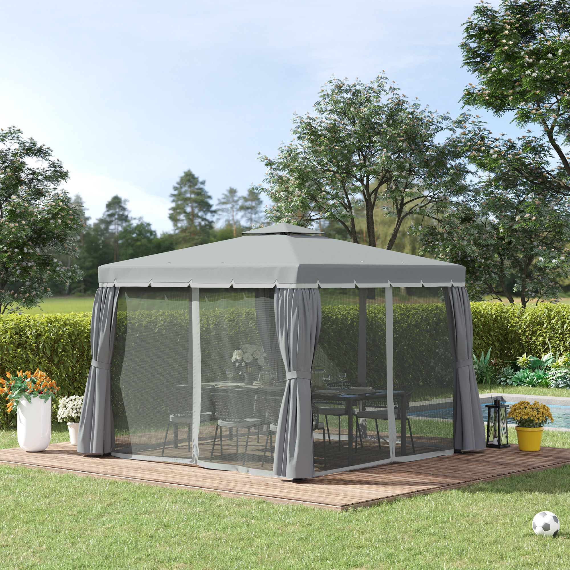 Tonnelle de jardin 3 x 3 m avec toit double cadre en aluminium gris