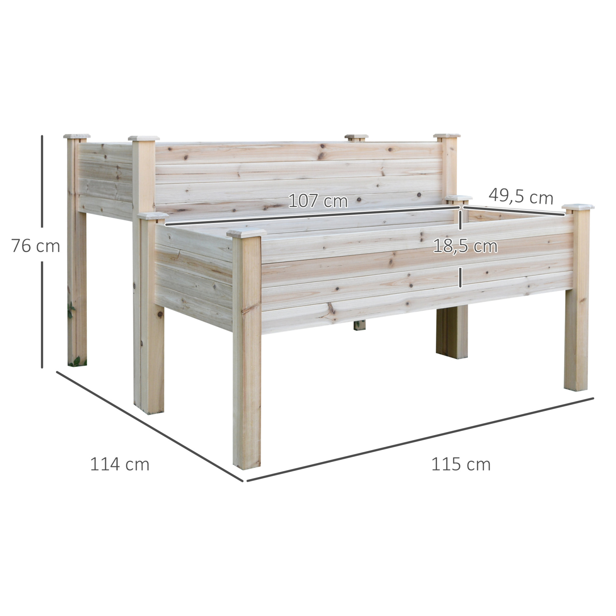 Jardinière sur pieds carré potager 2 étages dim. 115L x 114l x 76H cm inserts d'irrigation bois sapin naturel