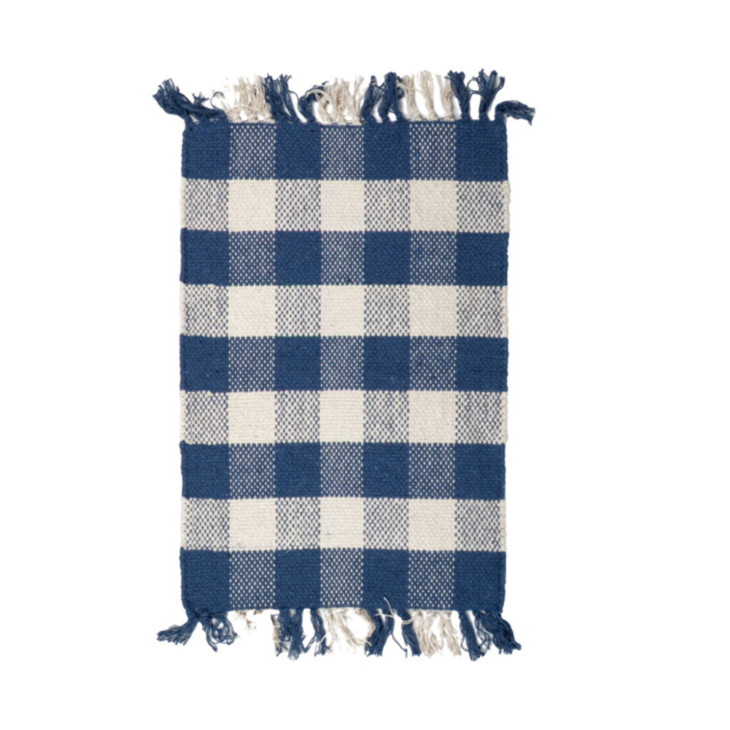 Tapis en coton avec carreaux bleu et blanc et franges - DENIM