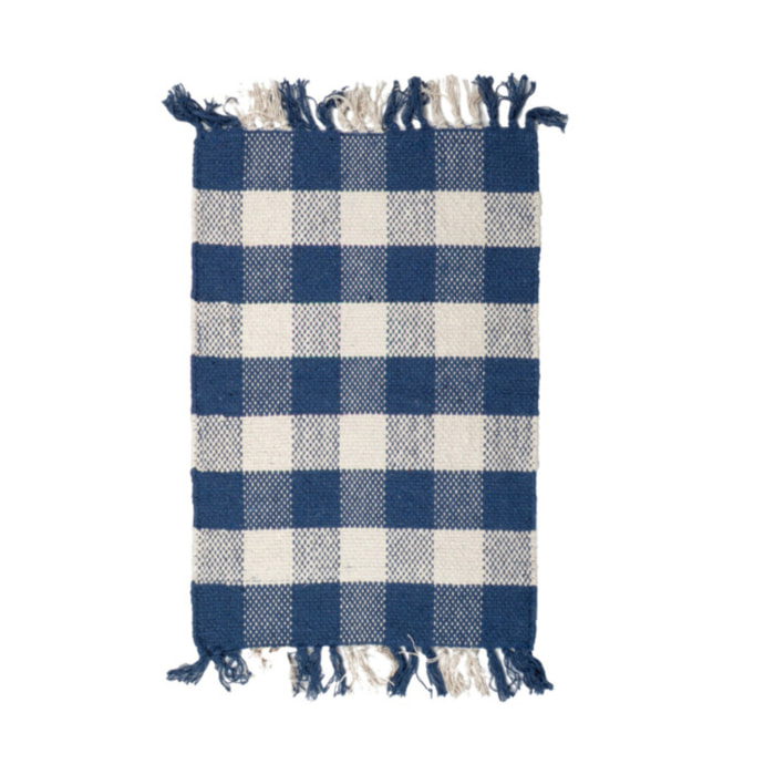 Tapis en coton avec carreaux bleu et blanc et franges - DENIM