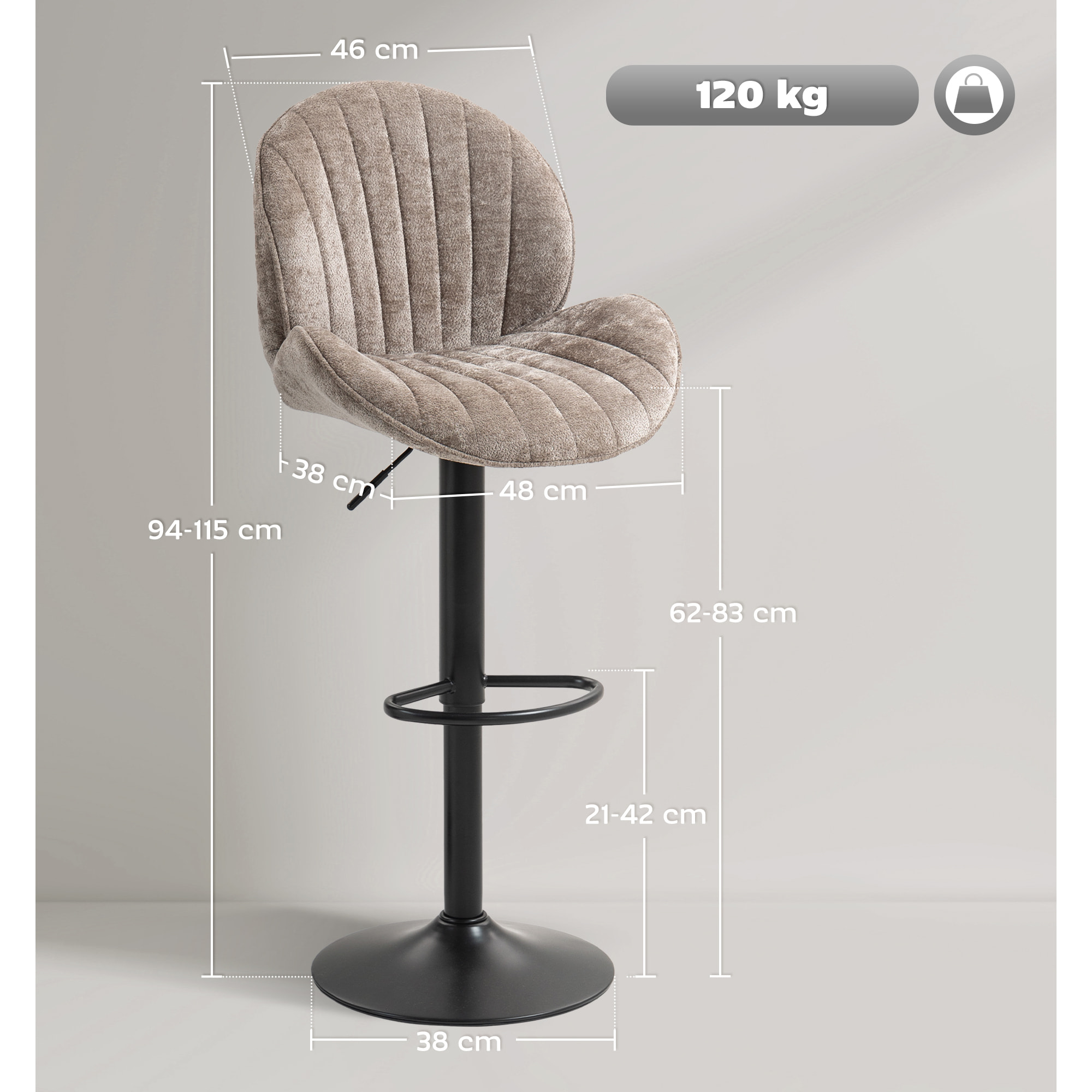 HOMCOM Juego de 2 Taburetes de Bar Giratorios, Taburetes Altos de Cocina con Altura Ajustable 62-83 cm, Sillas Altas de Cocina, Tapizada en Chenilla, Respaldo y Reposapiés, Marco de Acero, Marrón Moca