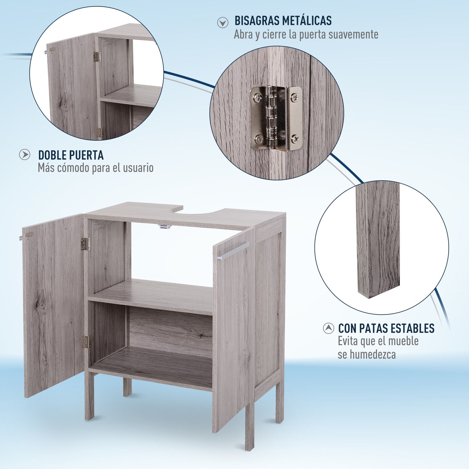 Mueble Bajo de Lavabo con 2 Puertas de Madera MDF 60x30x70cm