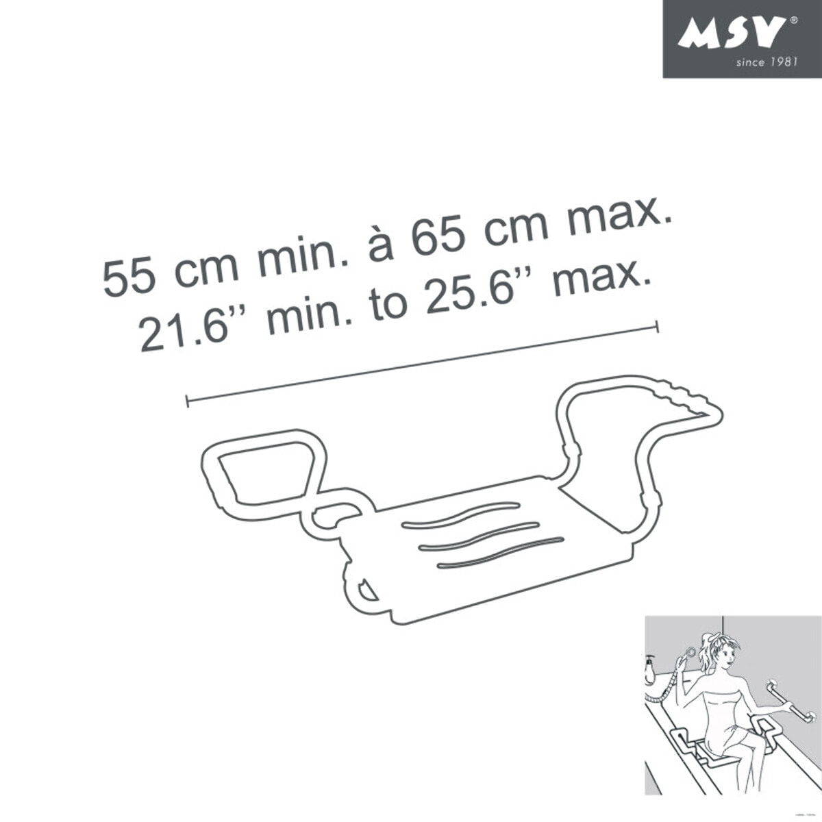 Grand siège de baignoire extensible 55-65cm Blanc - Max 120kg MSV