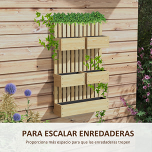Jardinera de Pared con Enrejado, Jardinera Exterior Grande de Madera con 5 Macetas Móviles, Tela no tejida y Orificios de Drenaje, para Exterior, Jardín, Terraza, Patio, 60x16x100 cm, Natural