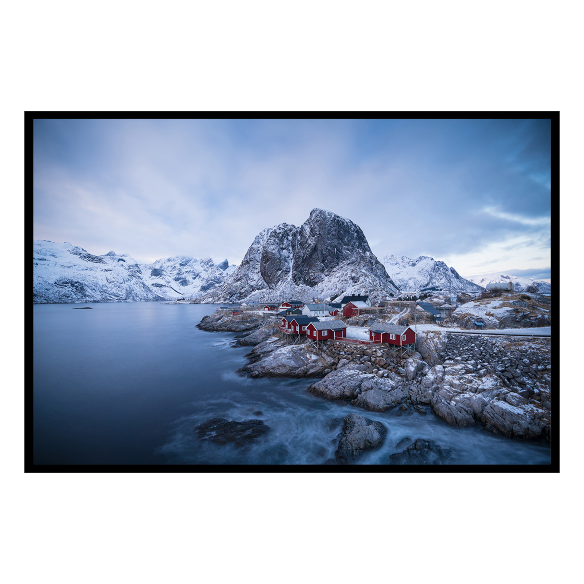 Affiche encadrée fjord nordique et cabanes rouges Affiche + cadre en métal - Noir