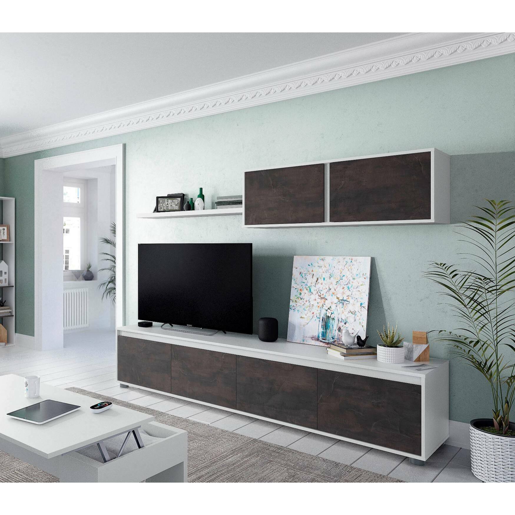 Parete attrezzata Amir, Mobile da soggiorno porta TV, Composizione set salotto, Set salotto con pensile, 200x41h43 cm, Bianco e Ossido